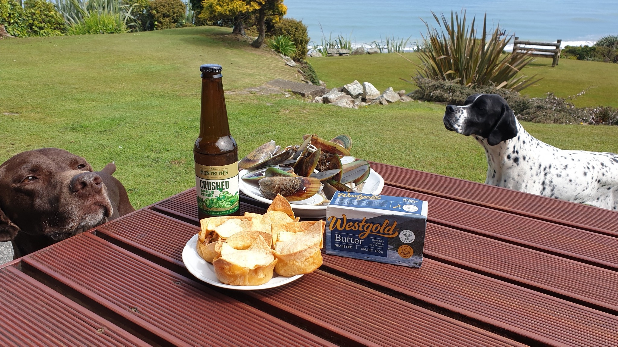 Ansel and Emma checking out the Strongman Black Gold Mussel Pie at Breakers Boutique Accommodation West Coast