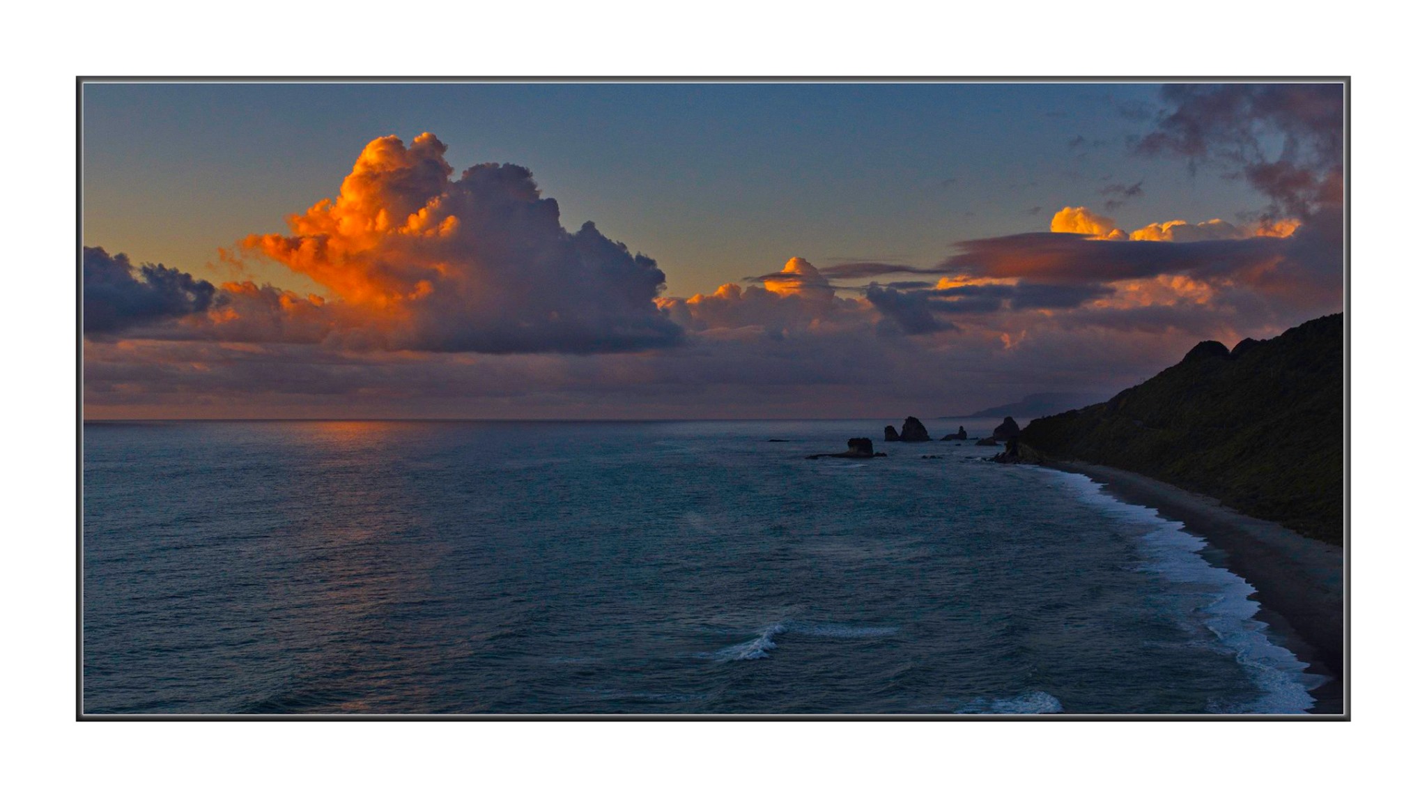 sunset with views over Tasman Sea from Strongman Mine Memorial and Lookout Coast Road West Coast